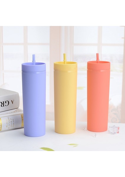 18 Çift Duvar Sıska Bardak Plastik Dövme Su Şişesi Mat Bitmiş 16OZ Düz Bardak Yalıtımlı Bardak Kahve Kamışlı Kupa (Yurt Dışından)