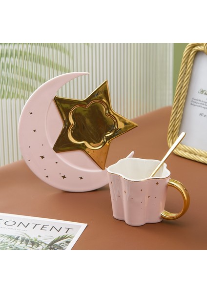 Yeni Pembe Yaratıcı Seramik Yıldız Ay Kahve Fincanı ve Tabağı Kaşık Altın Saplı Kupa Ikindi Çayı Süt Suyu Su Içecek Fincan Porselen (Yurt Dışından) modelleri
