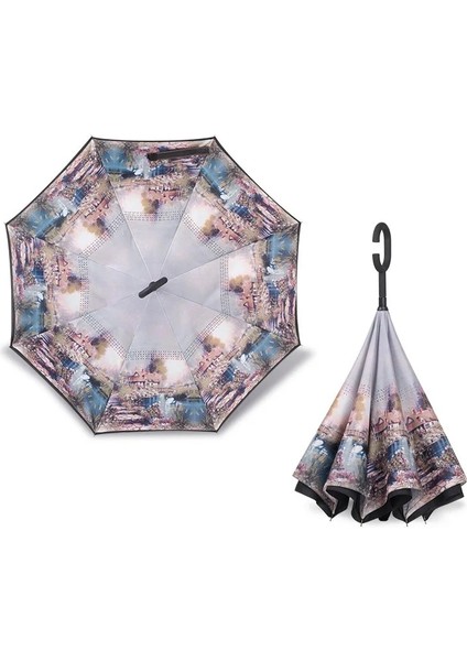 Yh Renkli Rüzgar Geçirmez Ters Katlanır Şemsiye Erkek Kadın Güneş Yağmur Araba Ters Şemsiye Çift Katmanlı Anti Uv Kendini Standı Parapluie (Yurt Dışından)