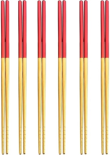 6 Çift Kırmızı Altın 6 Çift Altın Paslanmaz Çelik Çubuklar Taşınabilir Kaymaz Gıda Çubukları Sofra 22.5 cm Çin Çubuklarını Sofra Mutfak Aletleri (Yurt Dışından)
