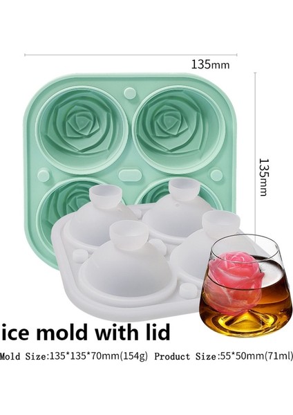 Yeşil 3D Gül Buz Kalıpları 5 cm Büyük Buz Küpü Tepsileri Buz Küpü Makinesi Buz Şekli 4/6/8 Izgara Kapaklı Büyük Kapaklı Kalıp Şeker Çubuğu Mutfak Aletleri (Yurt Dışından)