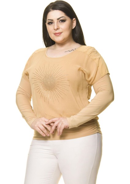 Kadın Büyük Beden Sarı Taş Işlemeli Bluz A7-3031-1