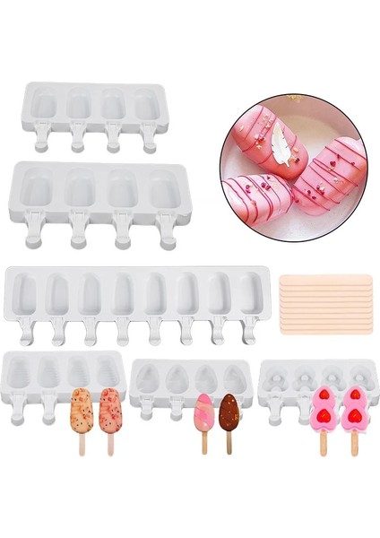 Oval 4 Hücreli-L Set 4/8 Hücreli Dondurma Silikon Kalıp Yaz Popsicle Kalıp Buz Pop Tutucu Meyve Suyu Dondurucu Buz Topu Icecube Maker Magnum Kek Kalıpları (Yurt Dışından)