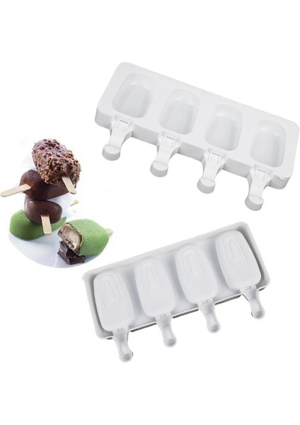 Oval 4 Hücreli-L Set 4/8 Hücreli Dondurma Silikon Kalıp Yaz Popsicle Kalıp Buz Pop Tutucu Meyve Suyu Dondurucu Buz Topu Icecube Maker Magnum Kek Kalıpları (Yurt Dışından)