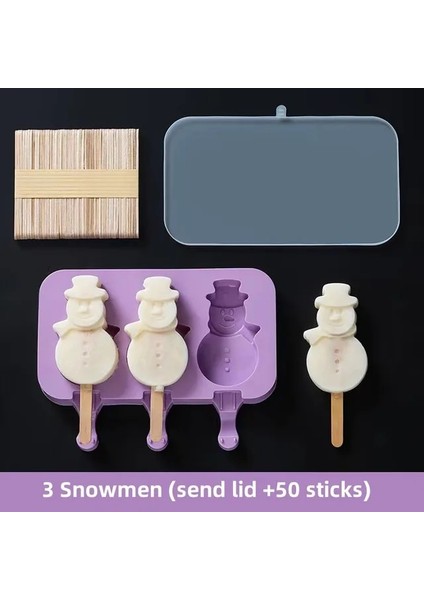 3 Kardan Adam Silikon Dondurma Kalıp Popsicle Siyam Kalıpları Kapaklı Dıy Ev Yapımı Buz Lolly Kalıp Karikatür Sevimli Görüntü El Yapımı Mutfak Aletleri (Yurt Dışından)