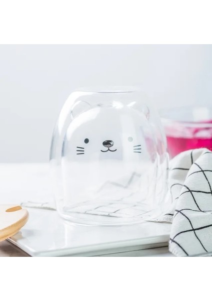 Cat 201 300ML Novlety 270ML Çift Katmanlı Kahve Fincanı Yüksek Borosilikat Cam Soğuk Içecek Kupası Sıcak Içecek Kupası Sevimli Kedi Ayı Süt Çay Bardağı (Yurt Dışından)