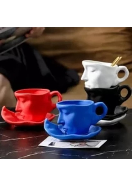 Yeşil Insan Yüzü Şekli Kupa Iskandinav Dekor Sanatsal Öpücük Yaratıcı Seramik Kahve Fincanı Çift Komik Yüz Tasarım Bardak Tepsi Seti 260 ml (Yurt Dışından)