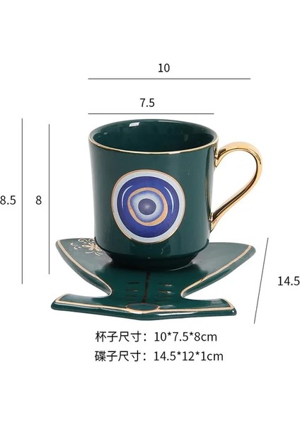 B Yeşil Elbise Tabağı Türk Mavi Gözlü Lüks Kahve Fincanı Tabak Seti El ve Giydirme Şekli Tabak Osmanlı Fincan Boonido Kahve Cappuccino Fincan 200ML (Yurt Dışından)