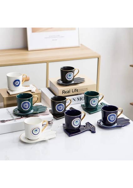 B Yeşil Elbise Tabağı Türk Mavi Gözlü Lüks Kahve Fincanı Tabak Seti El ve Giydirme Şekli Tabak Osmanlı Fincan Boonido Kahve Cappuccino Fincan 200ML (Yurt Dışından)
