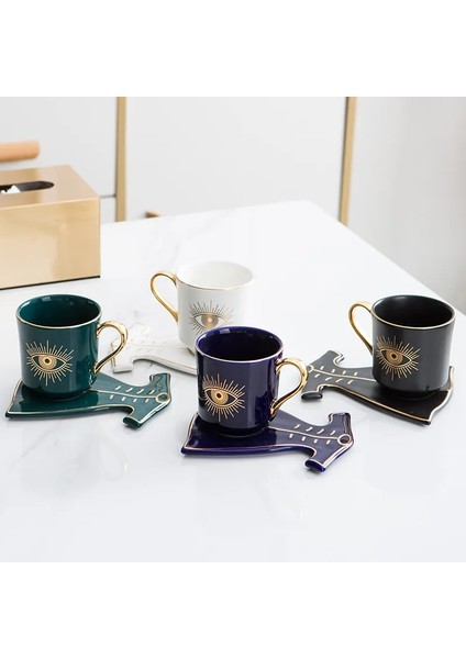 B Yeşil Elbise Tabağı Türk Mavi Gözlü Lüks Kahve Fincanı Tabak Seti El ve Giydirme Şekli Tabak Osmanlı Fincan Boonido Kahve Cappuccino Fincan 200ML (Yurt Dışından)
