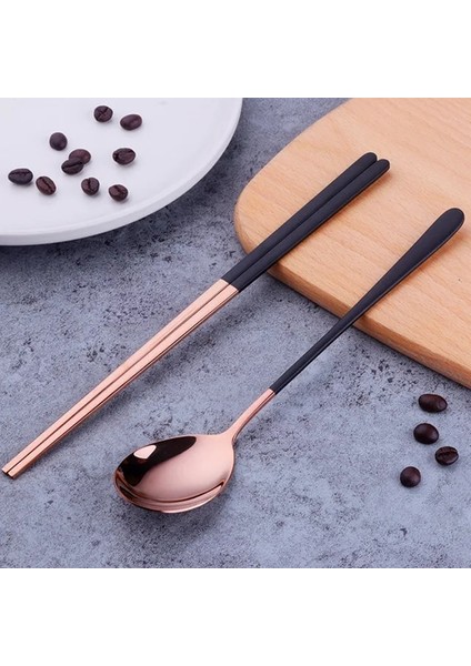 B-Rose Gold-1 Çift Altın 18/10 Kore Paslanmaz Çelik Gıda Çubuklarını Kaşık Seti Uzun Saplı Düz Kaymaz Çubuklarını Tatlı Kaşıkları Yemek Takımı Seti (Yurt Dışından)