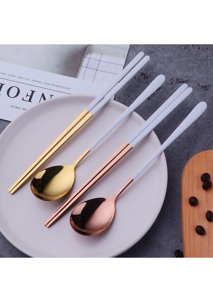 B-Rose Gold-1 Çift Altın 18/10 Kore Paslanmaz Çelik Gıda Çubuklarını Kaşık Seti Uzun Saplı Düz Kaymaz Çubuklarını Tatlı Kaşıkları Yemek Takımı Seti (Yurt Dışından)