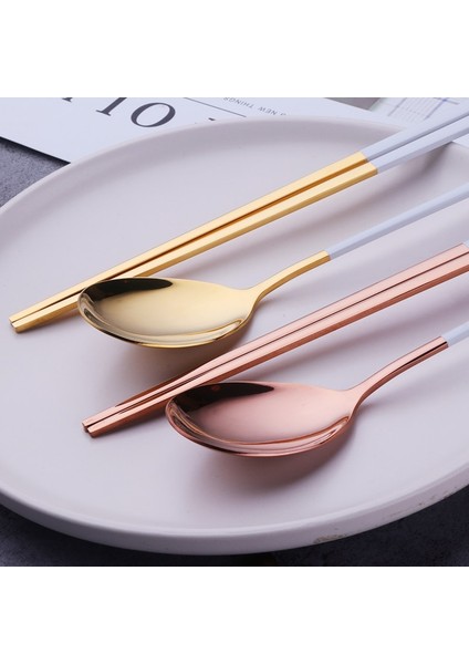 B-Rose Gold-1 Çift Altın 18/10 Kore Paslanmaz Çelik Gıda Çubuklarını Kaşık Seti Uzun Saplı Düz Kaymaz Çubuklarını Tatlı Kaşıkları Yemek Takımı Seti (Yurt Dışından)
