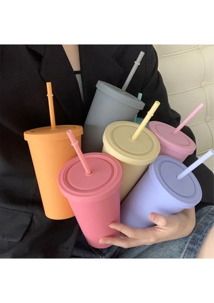 Stil 5 Şeker Renk Çift Katmanlı Plastik Saman Bardak Kahve Fincanı Plastik Buzlu Kullanışlı Su Bardağı Taşıması Kolay Saman Su Isıtıcısı Spor Şişe (Yurt Dışından)