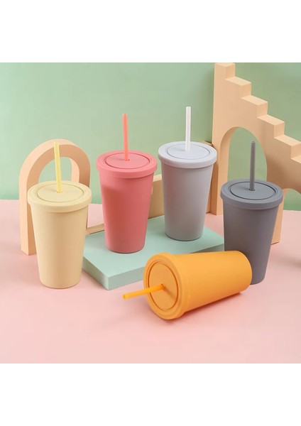 Stil 5 Şeker Renk Çift Katmanlı Plastik Saman Bardak Kahve Fincanı Plastik Buzlu Kullanışlı Su Bardağı Taşıması Kolay Saman Su Isıtıcısı Spor Şişe (Yurt Dışından)