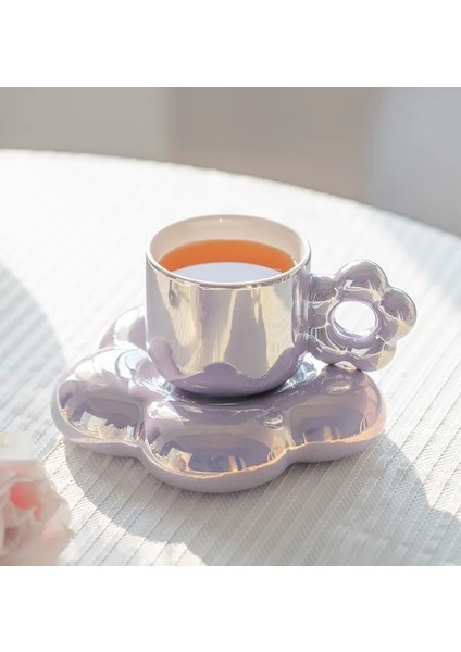 Çiçek-Mor 300 ml Seramik Kahve Kupaları Kalp Şeklinde Tabak ile Yaratıcı Çift Su Bardağı Süt Çay Bardağı Seti Döner Kolu Kahve Kupa Doğum Günü Hediyeleri (Yurt Dışından)