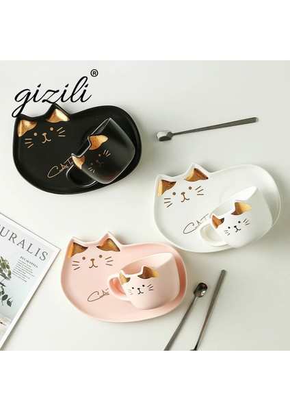 Camgöbeği 200 ml Karikatür Seramik Kedi Kupa Seti Tabaklar Kaşık Kahve Süt Kupalar Sevimli Yaratıcı Kahvaltı Drinkware Doğum Günü Hediyesi Porselen (Yurt Dışından)