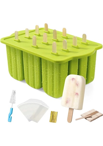 Yeşil Opp 12 Kavite Gıda Sınıfı Silikon Dondurma Kalıp Kapaklı Dıy Popsicle Kutusu Lolly Kalıp Tatlı Buz Küpü Tepsi Makinesi Mutfak Aletleri (Yurt Dışından)