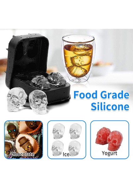 Siyah 3D Kafatası Silikon Kalıp, Buz Kutusu Kalıbı, Yuvarlak + Elmas + Kafatası + Huni, Viski Şarap Kokteyl Buz Küpü Kalıp Buz Topu Kalıbı (Yurt Dışından)