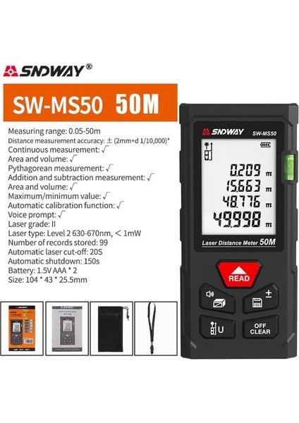 SW-MS50 Tasarruflu Sndway Lazer Mesafe Ölçer 50M 70M 100M 120M Uzaklık Ölçer Dijital Mesafe Bulucu Trena Rulet Cetvel Mesafe Ölçüm Bandı (Yurt Dışından)