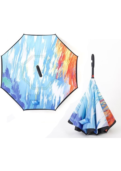 Süper Büyük Düz Şemsiye Uzun Saplı Şemsiye Manuel Çift Katmanlı Ters Şemsiye (Yurt Dışından)