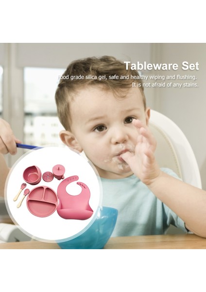 Pembe 6 Adet/takım Bebek Silikon Sofra Seti Bebek Besleme Yemekleri Bpa Ücretsiz Kase Plaka Önlükler Kaşık Çatal Setleri Çocuk Kaymaz Yemek Takımı (Yurt Dışından)