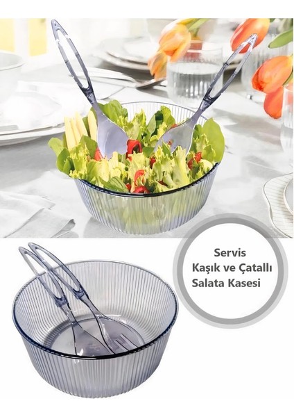 Akrilik, Yuvarlak, Servis Kaşığı ve Çatallı Salata Kasesi Servis Sunum Tabağı 23 cm