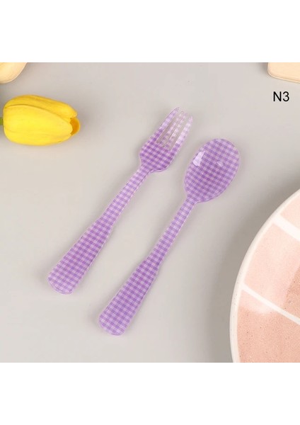 N3 2 Adet/takım Fransız Tarzı Retro Ekose Tatlı Kaşığı Çatal Plastik Çay Kahve Karıştırma Kaşığı Vintage Içecek Sofra Çay Kaşığı (Yurt Dışından)