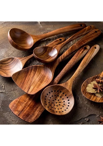 Stil 4 7 Adet Tik Doğal Ahşap Çatal Bıçak Takımı Kaşık Bardak Uzun Pirinç Kevgir Çorba Skimmer Ahçı Kaşığı Spatula Mutfak Alet Takımı (Yurt Dışından) modelleri