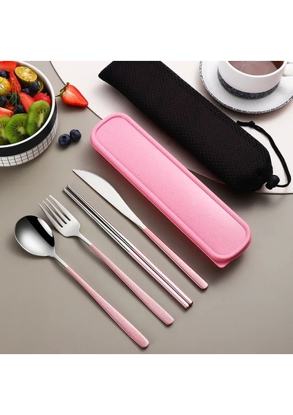 Gümüş Pembe-4 Adet 4 Adet Set Taşınabilir Çatal Seti Sofra Seti Kamp Yemek Takımı Seti Paslanmaz Çelik Bıçak Çatal Kaşık Seti Seyahat Sofra Takımı Kutusu ile (Yurt Dışından)