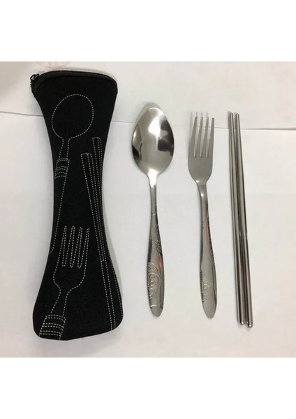 3 Adet-Siyah 3 Adet/takım Yemek Takımı Taşınabilir Baskılı Paslanmaz Çelik Kaşık Çatal Biftek Bıçağı Seti Seyahat Çatal Sofra Çanta ile (Yurt Dışından)