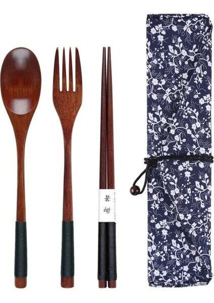 02 Ahşap Çatal Seti Tahta Kaşık Çatal Japon Tarzı Kaşık Çatal Çubuklarını Set Uzun Saplı Yemek Kaşığı Çanta ile Taşınabilir Sofra (Yurt Dışından)