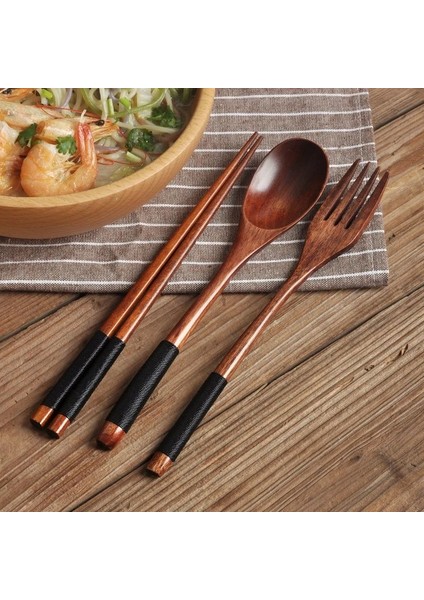 02 Ahşap Çatal Seti Tahta Kaşık Çatal Japon Tarzı Kaşık Çatal Çubuklarını Set Uzun Saplı Yemek Kaşığı Çanta ile Taşınabilir Sofra (Yurt Dışından)