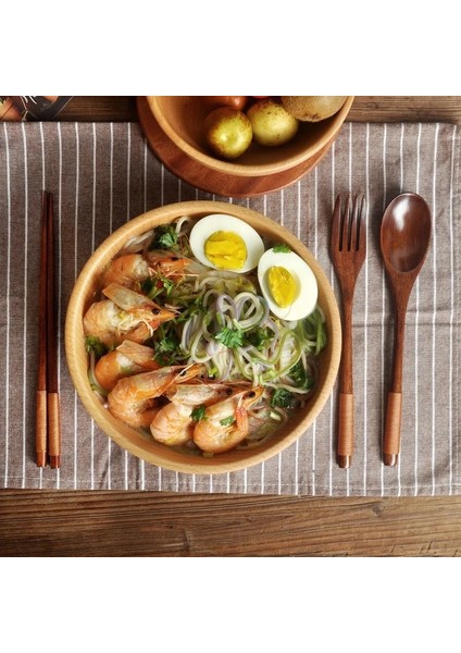 02 Ahşap Çatal Seti Tahta Kaşık Çatal Japon Tarzı Kaşık Çatal Çubuklarını Set Uzun Saplı Yemek Kaşığı Çanta ile Taşınabilir Sofra (Yurt Dışından)