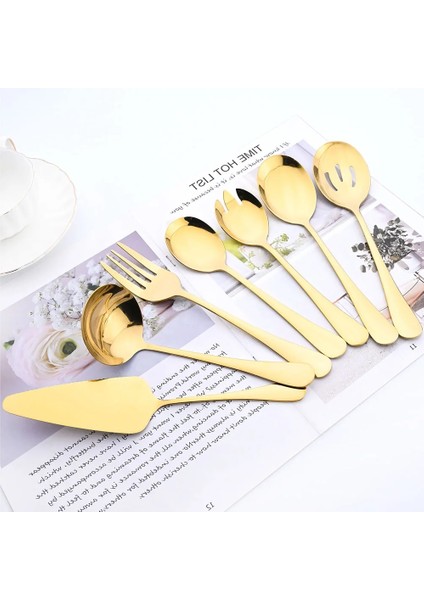 Gümüş Drmfiy 7 Adet Altın Yemek Takımı Büyük Çorba Kaşığı Salata Servis Kaşığı Çatal Kek Spatula Paslanmaz Çelik Çatal Bıçak Kaşık Seti Mutfak Sofra (Yurt Dışından) fırsatları
