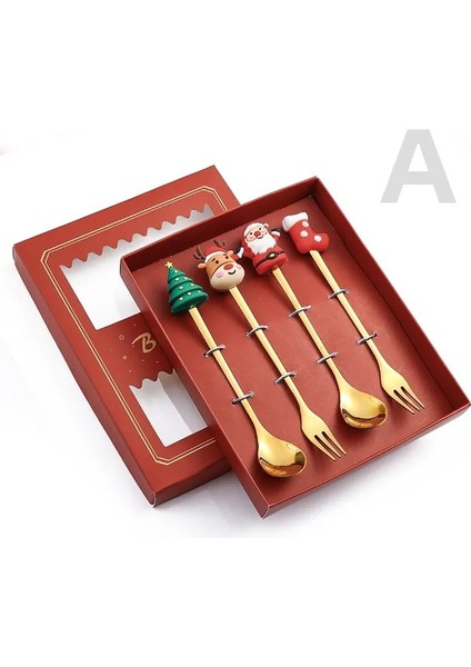 4pcs-Gold-A3 6/4/2pcs Noel Hediyesi Glod Kaşık Çatal Seti Elk Noel Ağacı Dekorasyon Tatlı Kepçe Meyve Çatalı Kahve Kaşığı Çatal Bıçak Kaşık Seti (Yurt Dışından)