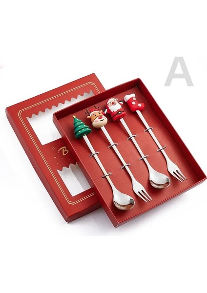 4pcs-Silver-A3 6/4/2pcs Noel Hediyesi Glod Kaşık Çatal Seti Elk Noel Ağacı Dekorasyon Tatlı Kepçe Meyve Çatalı Kahve Kaşığı Çatal Bıçak Kaşık Seti (Yurt Dışından)