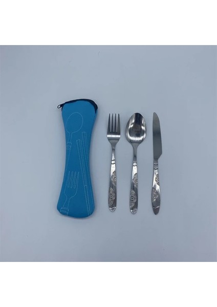 3 Adet-Mavi 3 Adet/7 Adet Set Yemek Takımı Taşınabilir Baskılı Paslanmaz Çelik Kaşık Çatal Biftek Bıçağı Seti Seyahat Çatal Sofra Çanta ile (Yurt Dışından)