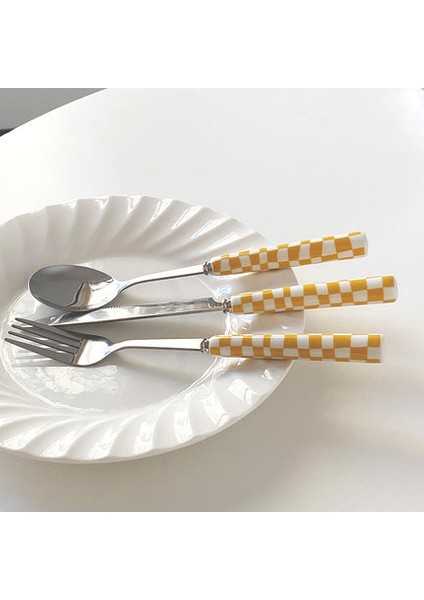 Sarı Set Paslanmaz Çelik Bıçak Çatal Kaşık Dama Tahtası ile Seramik Saplı Mutfak Yemek Takımı Tatlı Çatal Bıçak Kaşık Sofra Seti (Yurt Dışından)