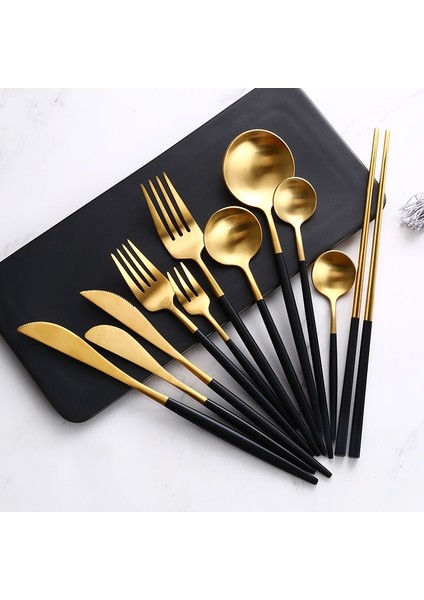 Tatlı Çatalı Siyah Altın Çatal Bıçak Takımı Biftek Bıçağı Çatal Kahve Kaşığı Çay Kaşığı Tatlı Bıçağı Buz Kaşığı Yemek Çubukları Paslanmaz Çelik Yemek Takımı Seti (Yurt Dışından) indirimleri