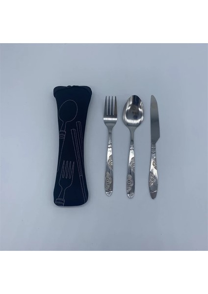 3 Adet-Siyah 3 Adet/7 Adet Set Yemek Takımı Taşınabilir Baskılı Paslanmaz Çelik Kaşık Çatal Biftek Bıçağı Seti Seyahat Çatal Sofra Çanta ile (Yurt Dışından)