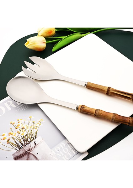 Gümüş Gümüş Doğal Bambu Saplı Çatal Bıçak Kaşık Seti 2 Adet Servis Çatalı Kaşık Sofra Takımı Paslanmaz Çelik Yemek Takımı Batı Mutfak Sofra (Yurt Dışından)