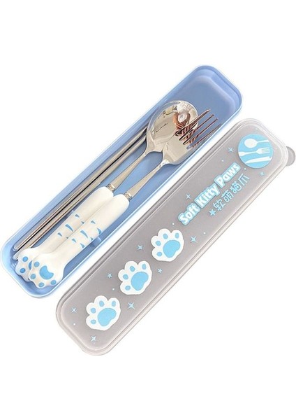 Mavi-Gümüş 1 Kit Kedi Paw Seramik Paslanmaz Çelik Yemek Takımı Çubuklarını Çatal Kaşık Saklama Kutusu ile Taşınabilir Açık Piknik Seyahat Sofra (Yurt Dışından)