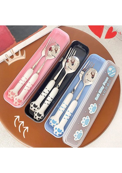 Mavi-Gümüş 1 Kit Kedi Paw Seramik Paslanmaz Çelik Yemek Takımı Çubuklarını Çatal Kaşık Saklama Kutusu ile Taşınabilir Açık Piknik Seyahat Sofra (Yurt Dışından)