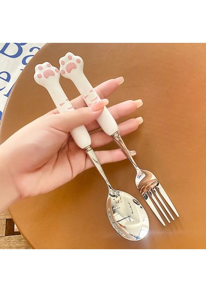Mavi-Gümüş 1 Kit Kedi Paw Seramik Paslanmaz Çelik Yemek Takımı Çubuklarını Çatal Kaşık Saklama Kutusu ile Taşınabilir Açık Piknik Seyahat Sofra (Yurt Dışından)