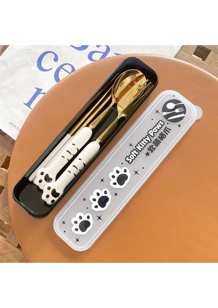 Mavi-Gümüş 1 Kit Kedi Paw Seramik Paslanmaz Çelik Yemek Takımı Çubuklarını Çatal Kaşık Saklama Kutusu ile Taşınabilir Açık Piknik Seyahat Sofra (Yurt Dışından)