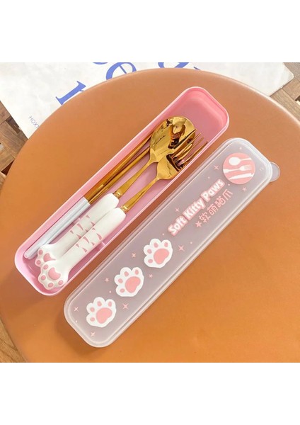 Mavi-Gümüş 1 Kit Kedi Paw Seramik Paslanmaz Çelik Yemek Takımı Çubuklarını Çatal Kaşık Saklama Kutusu ile Taşınabilir Açık Piknik Seyahat Sofra (Yurt Dışından)