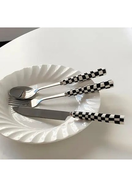 Siyah Set Paslanmaz Çelik Bıçak Çatal Kaşık Dama Tahtası Seramik Saplı Mutfak Yemek Takımı Tatlı Çatal Bıçak Kaşık Sofra Seti (Yurt Dışından)