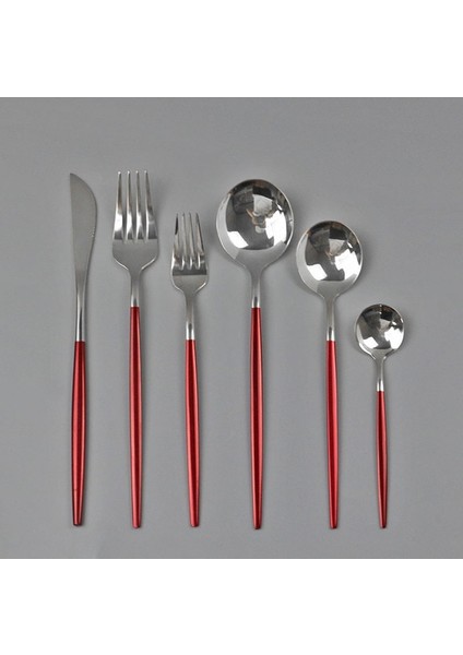 Kırmızı Gümüş 6 Adet/takım Gümüş Yemek Takımı Seti 304 Paslanmaz Çelik Sofra Çatal Bıçak Kaşık Çatal Sofra Takımı Ev Oteller Parti Gümüş Set (Yurt Dışından)