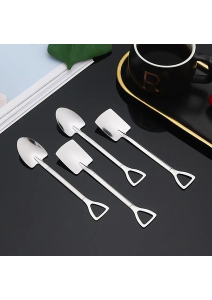 Gümüş 4 Adet Bir Paket Paslanmaz Çelik Yaratıcı Kahve Kürek Dondurma Tatlı Retro Sevimli Kare Kafa Kaşık Sofra Seti Mutfak Gadget (Yurt Dışından)